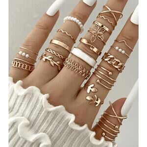 24-Piece Rose Gold Stacking Ring Set for Women – Leaf Butterfly,Pearl Minimalist